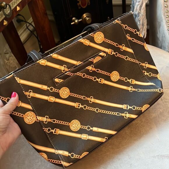 Anne Klein Designer Style Chain Print Briefcase Tote Bag Purse - Picture 7 of 12